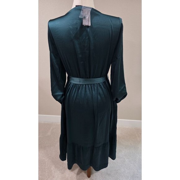 Lane Bryant Womens V-Neck Satin Dress With Tie Belt Dark Green Size 12 New With - Picture 9 of 14